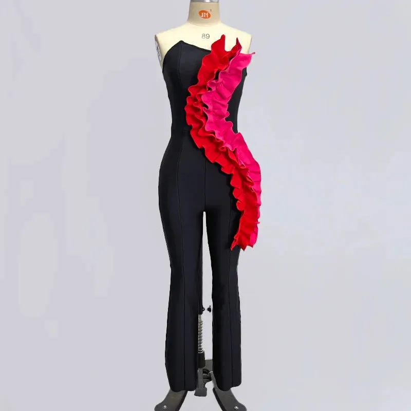 Trend4us Women's Strapless Ruffle Wide-Leg Jumpsuit