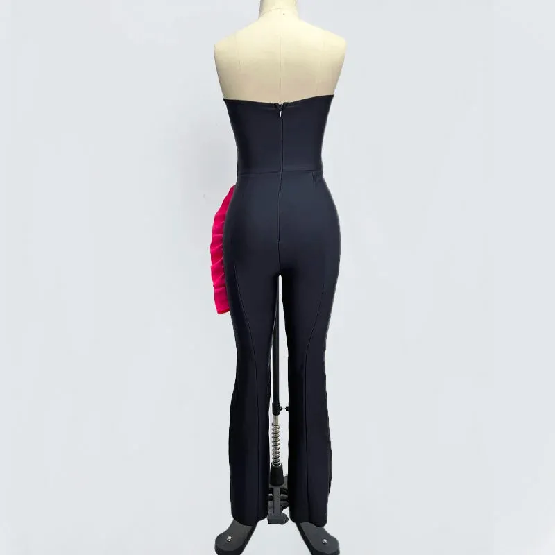 Trend4us Women's Strapless Ruffle Wide-Leg Jumpsuit