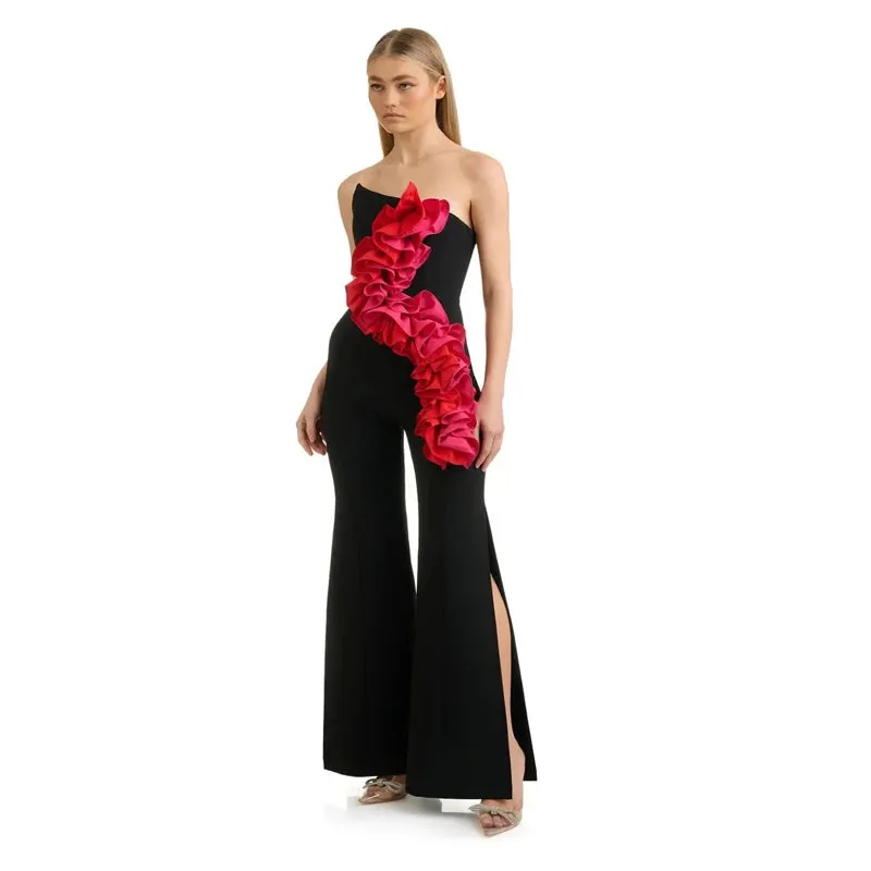 Trend4us Women's Strapless Ruffle Wide-Leg Jumpsuit