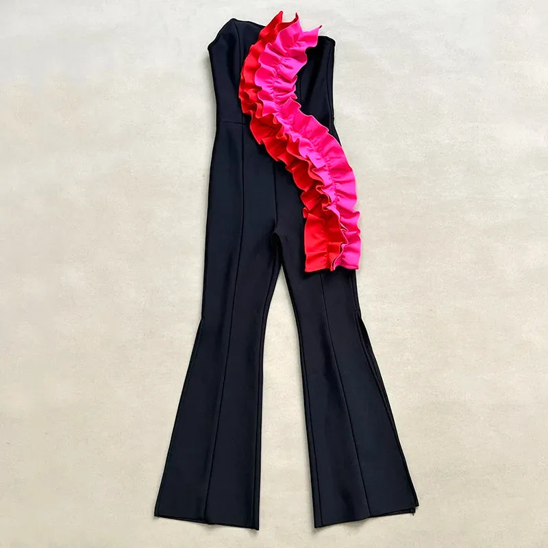Trend4us Women's Strapless Ruffle Wide-Leg Jumpsuit