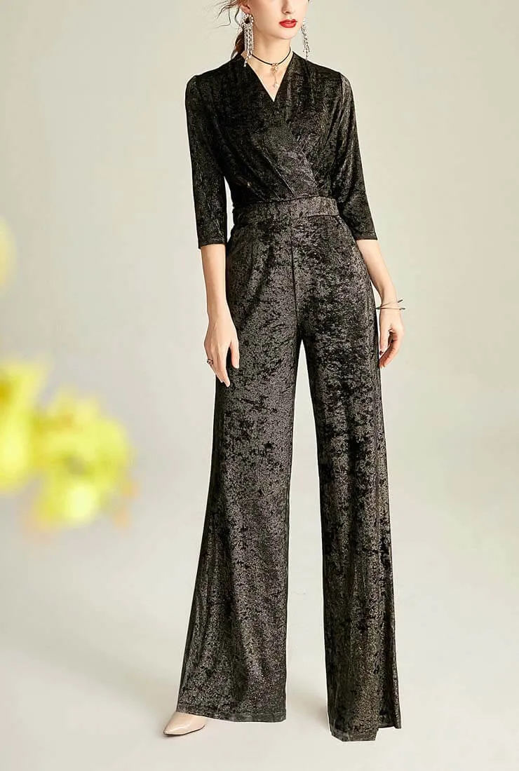 V-neck Black Velvet Wide Leg Jumpsuit