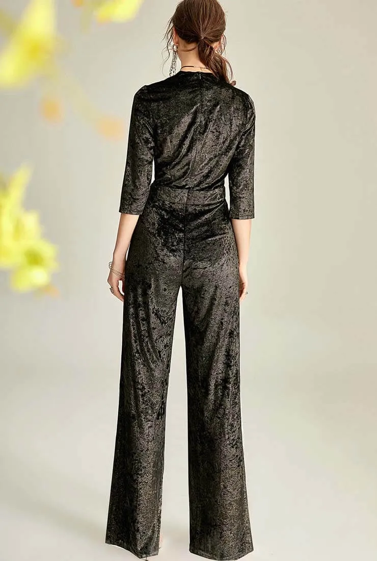 V-neck Black Velvet Wide Leg Jumpsuit