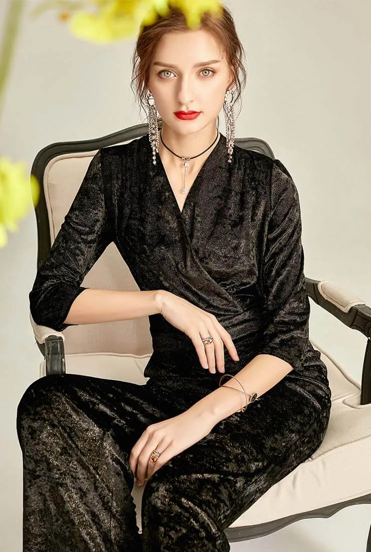 V-neck Black Velvet Wide Leg Jumpsuit
