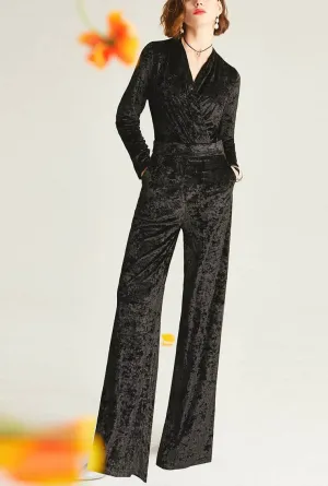 V-neck Black Velvet Wide Leg Jumpsuit