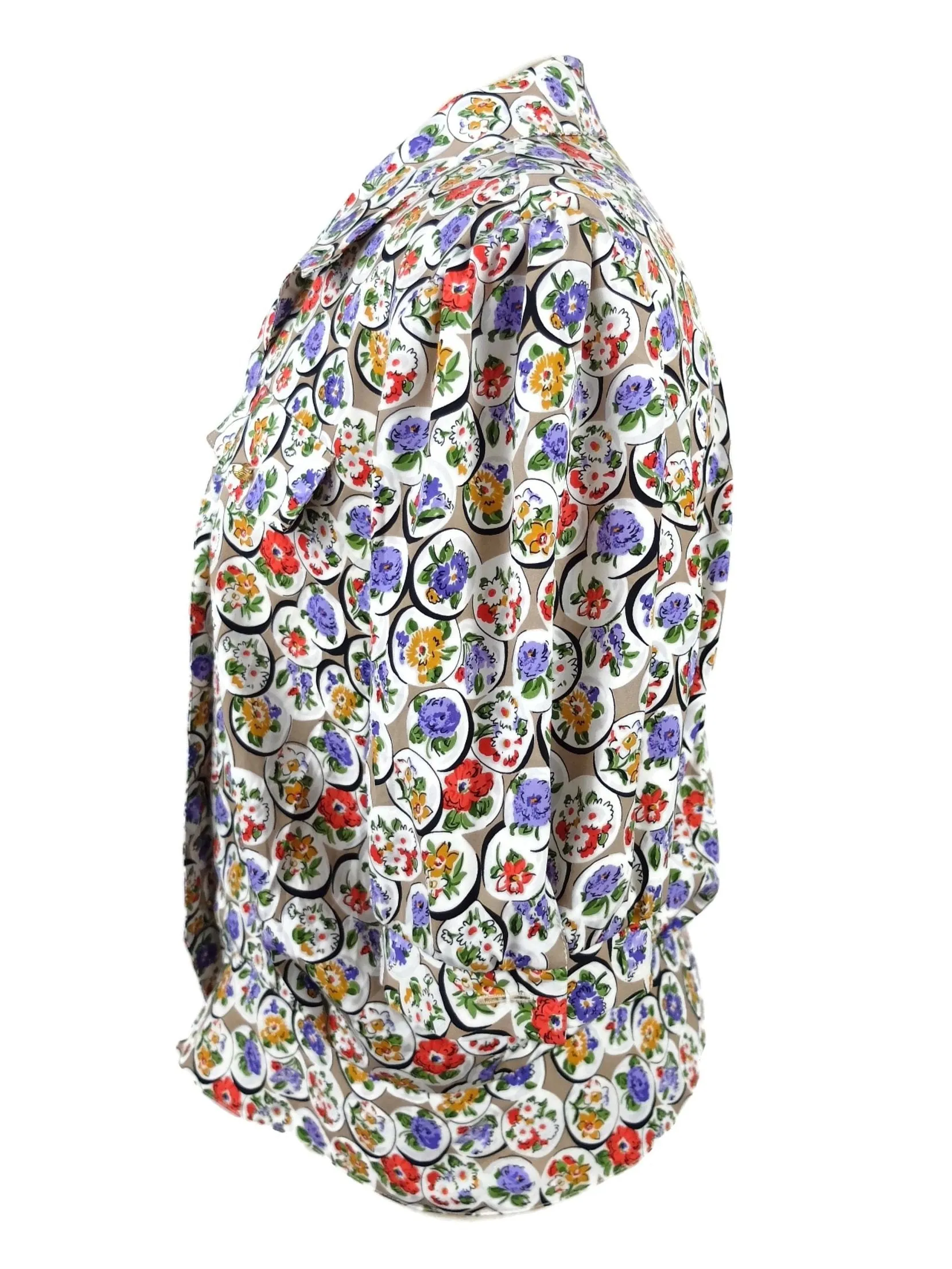 Vintage 70s Mod White Floral Collared Half Sleeve Button Up Blouse