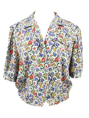 Vintage 70s Mod White Floral Collared Half Sleeve Button Up Blouse