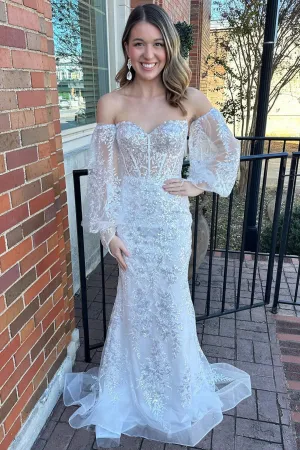 White Off The Shoulder Mermaid Lace Long Prom Dress