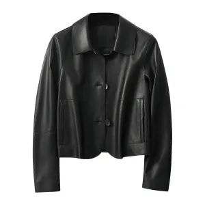 Women’s Black Genuine Sheepskin Shirt Collar Cropped Fashion Classic Style Lightweight Smooth Leather Jacket