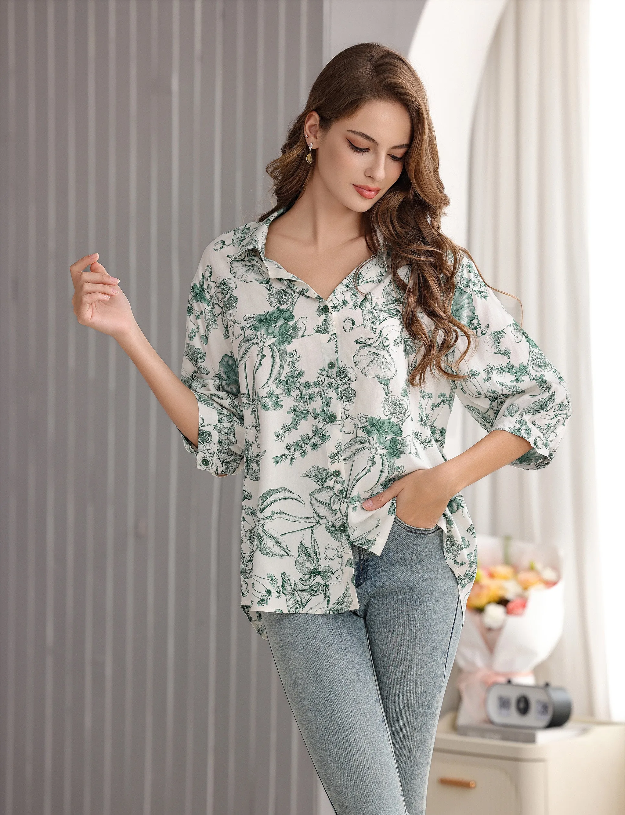 Women's Flower and Leaf Print Tunic Shirt with 3/4 Sleeves