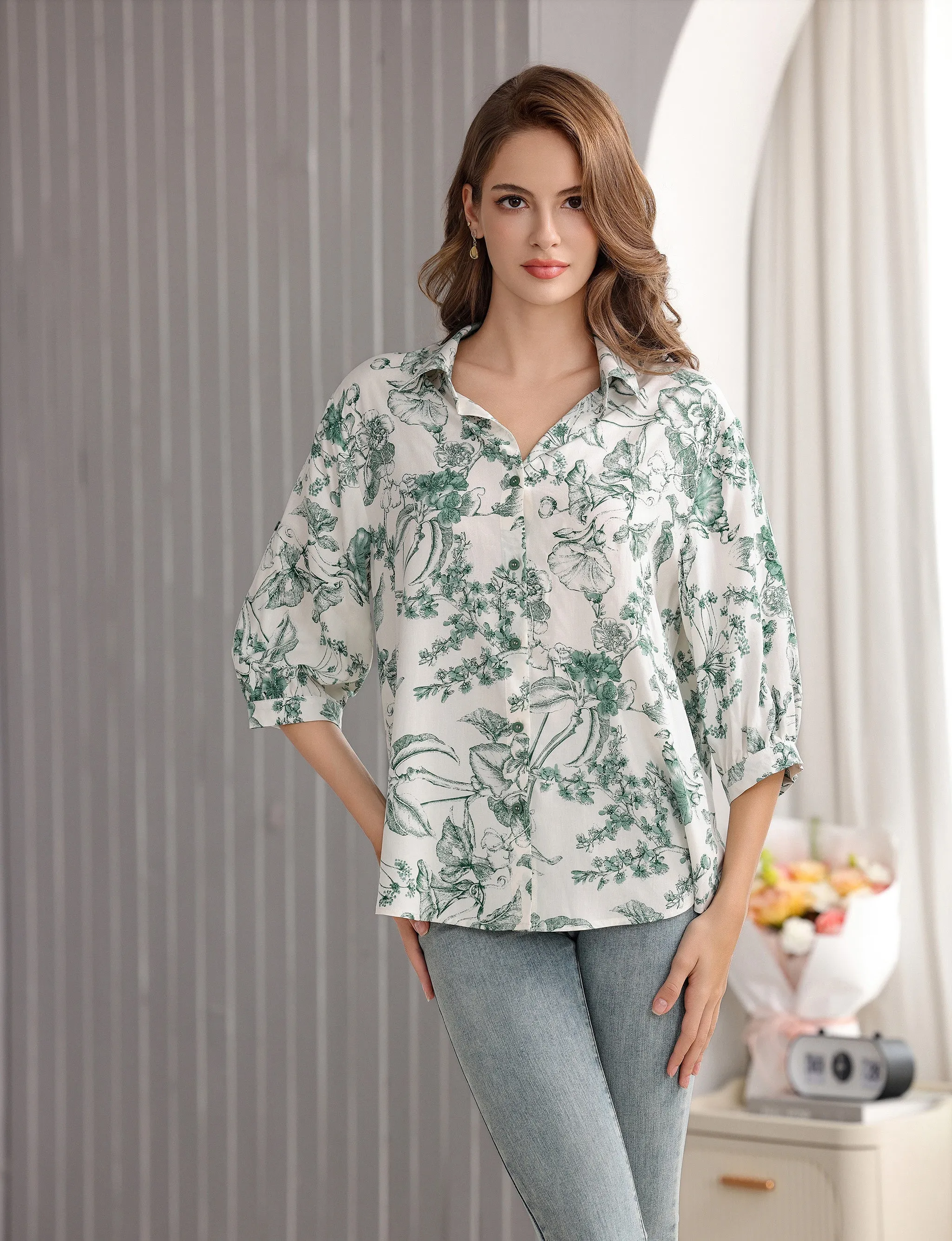 Women's Flower and Leaf Print Tunic Shirt with 3/4 Sleeves
